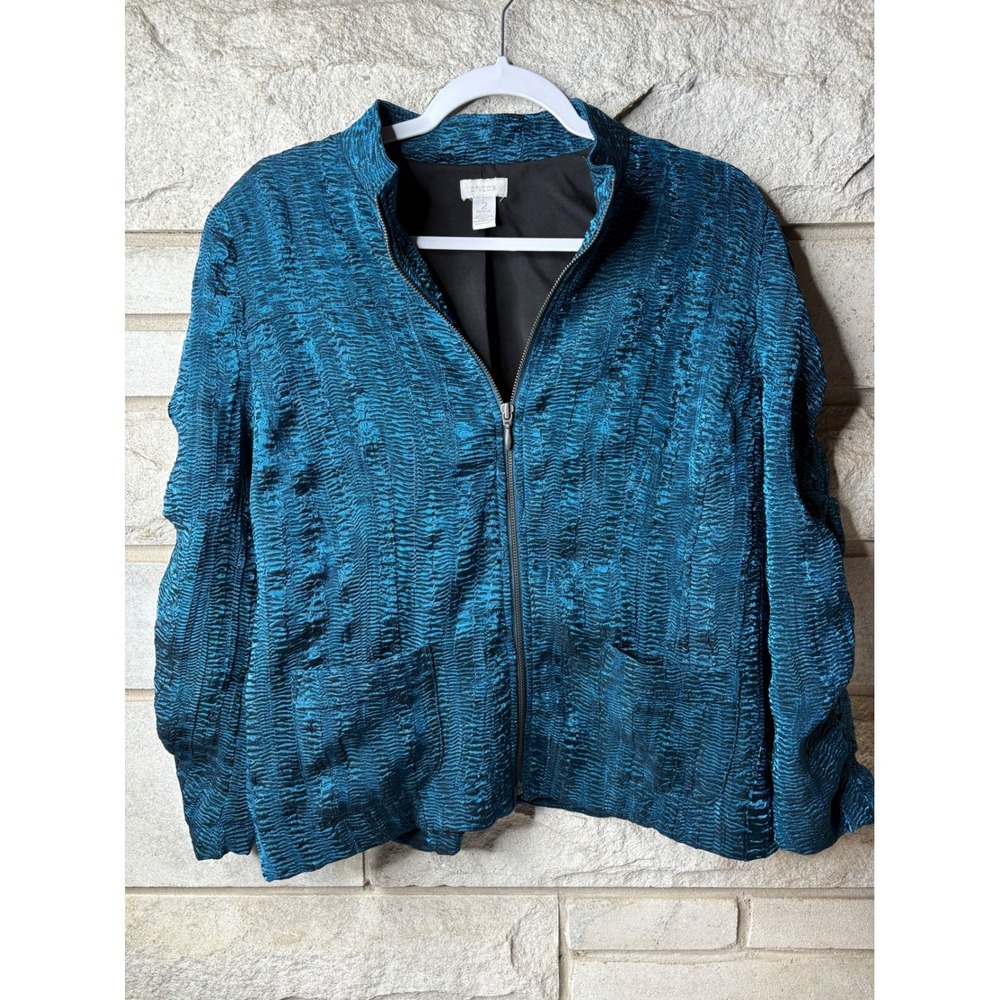 Chicos Teal Blue Textured Crinkle Zip Front Jacket Mock Neck Size 2 4501095135